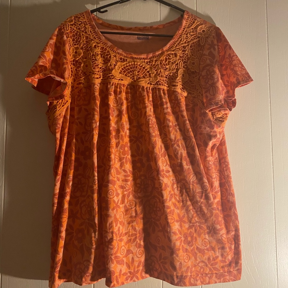 Crochet-Yoke Floral Orange Women’s Top